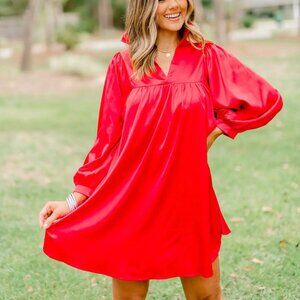 Adrienne Red Satin Ruffle Collar Balloon Sleeve Dress